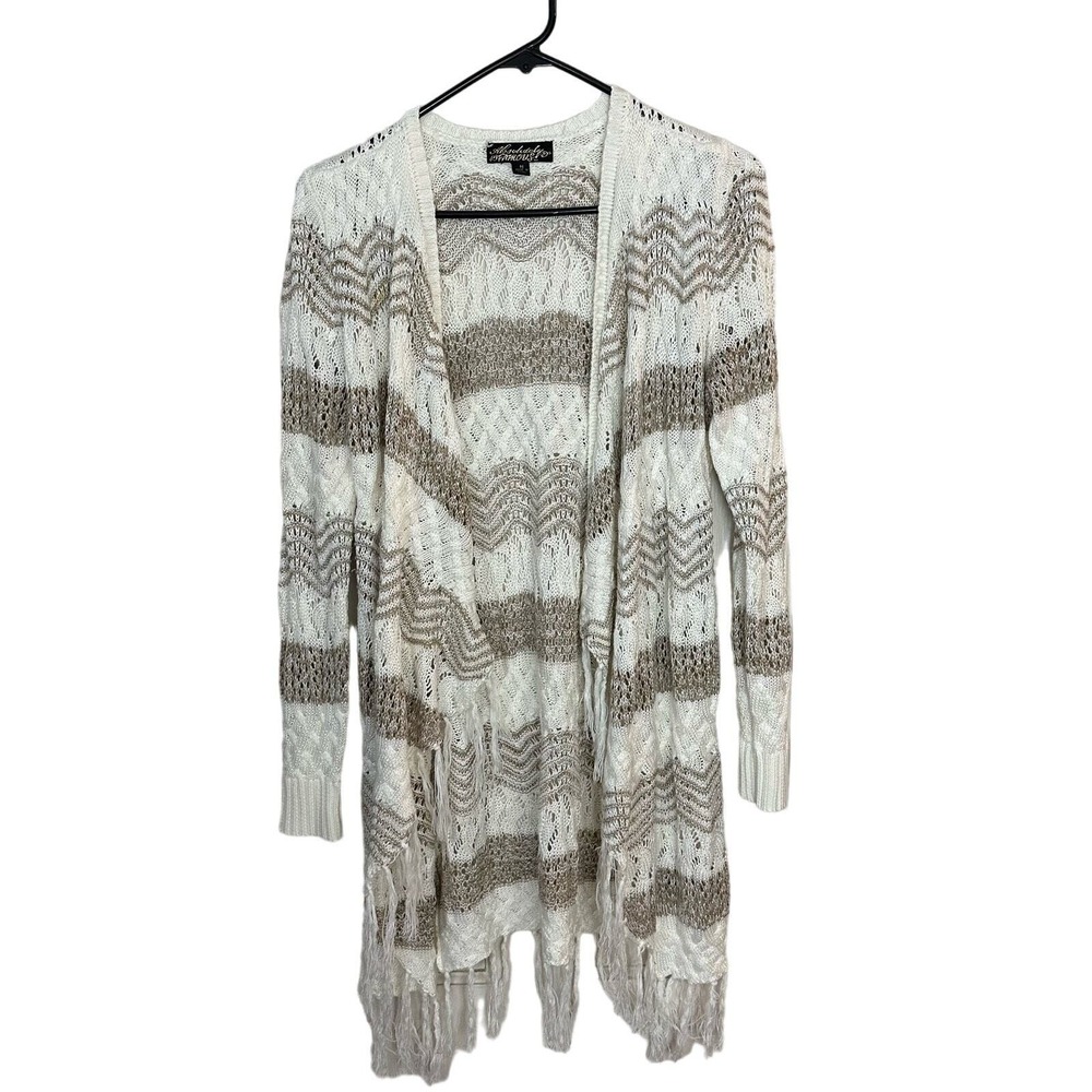 Coastal Beachy Crochet Sweater Cardigan Womens Size M Fringe‎ Absolutely Famous